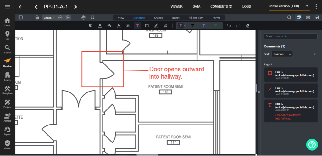 Screenshot of the echo Markup Tool being used to markup a drawing.